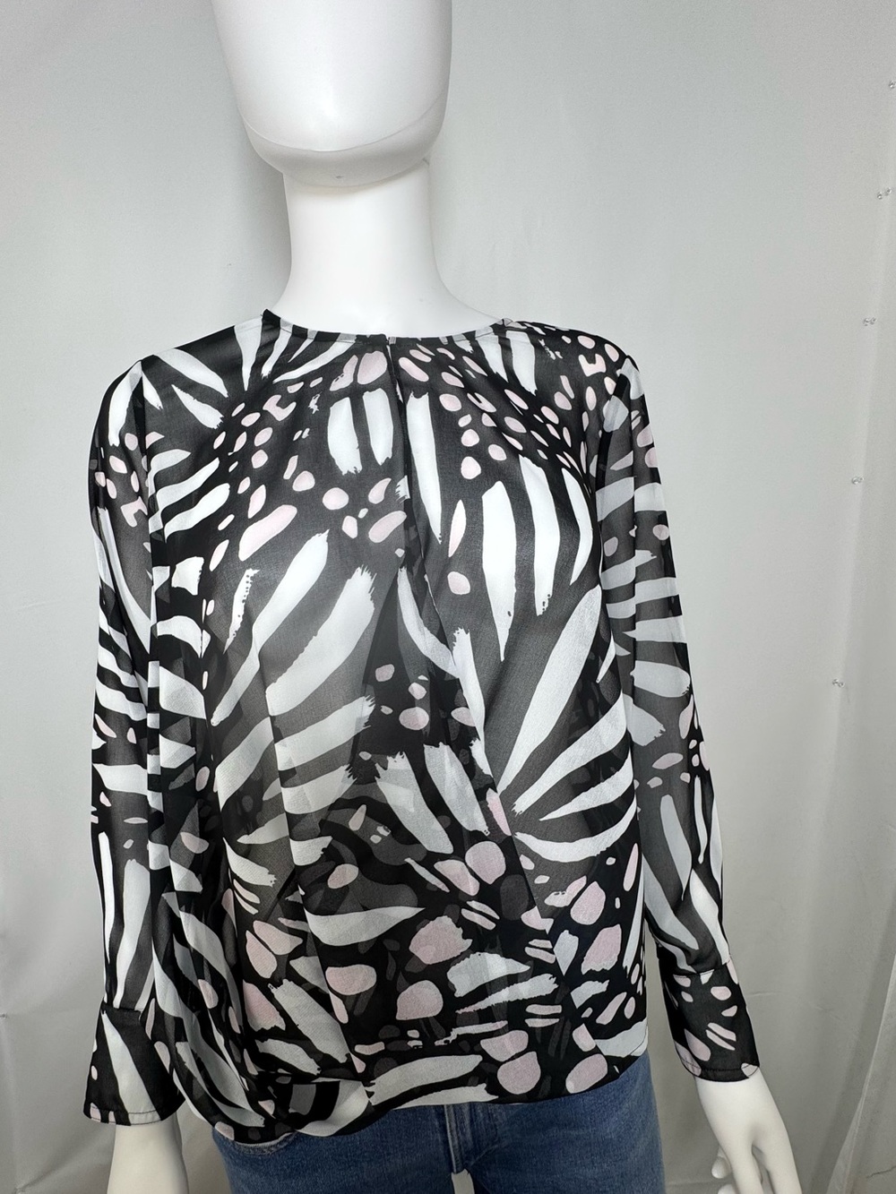 MILLY Elysa Graphic Butterfly Chiffon Blouse Black White Size M EUC
